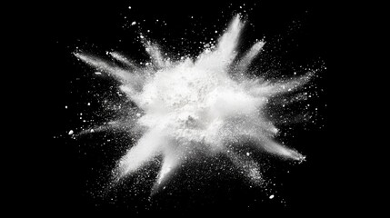 Aufkleber - Freeze motion of white particles on a black background in a 3D cartoon rendering Powder explosion