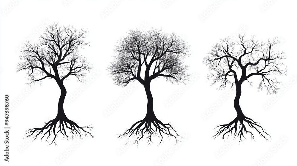 Silhouettes of black bare trees with roots, isolated on a white ...