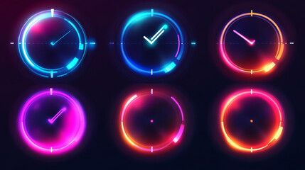 Poster - Progress indicators, including load or download and upload icons for websites, vector circular graphs, circle loaders, and speed or percentage status bars, designed with neon gradients for web pages.