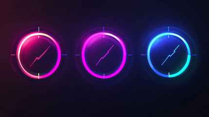 Poster - Progress indicators, including load or download and upload icons for websites, vector circular graphs, circle loaders, and speed or percentage status bars, designed with neon gradients for web pages.