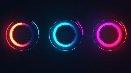 Poster - Progress indicators, including load or download and upload icons for websites, vector circular graphs, circle loaders, and speed or percentage status bars, designed with neon gradients for web pages.