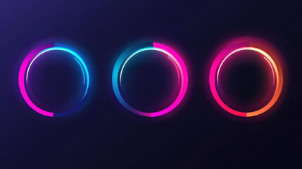 Poster - Progress indicators, including load or download and upload icons for websites, vector circular graphs, circle loaders, and speed or percentage status bars, designed with neon gradients for web pages.