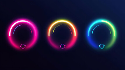 Poster - Progress indicators, including load or download and upload icons for websites, vector circular graphs, circle loaders, and speed or percentage status bars, designed with neon gradients for web pages.