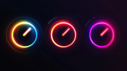 Poster - Progress indicators, including load or download and upload icons for websites, vector circular graphs, circle loaders, and speed or percentage status bars, designed with neon gradients for web pages.