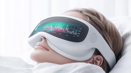 Wall Mural - woman wearing futuristic vr headset with data display in bed