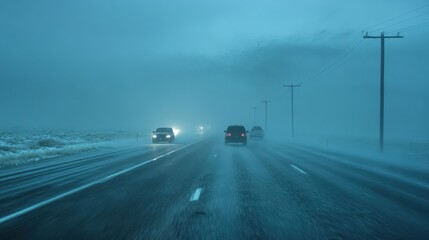 traffic stopped on highway during severe hailstorm with cracked windshields and poor visibility