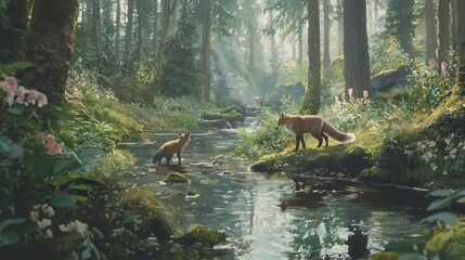 Canvas Print - Red Foxes by the Creek in a Lush Forest