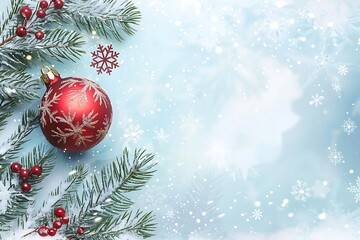 christmas-themed background with red ornaments, snowflakes, and pine branches on a light blue backgr