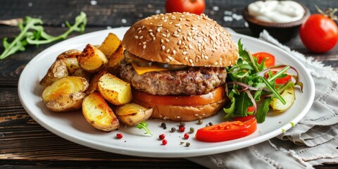 Canvas Print - Homemade country-style burger accompanied by potatoes and salad, presented on a white plate atop a wooden table.