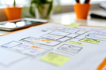 a business model canvas filled with notes and ideas, symbolizing the strategic planning and creativity required to launch a successful startup