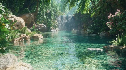 Sticker - Tranquil Waterfall Pool in Lush Tropical Jungle