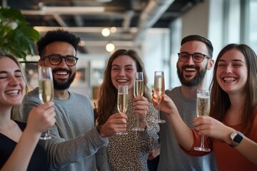 A team of entrepreneurs celebrating their first product launch, with champagne glasses raised in a modern office space, capturing the joy of startup milestones