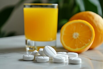 A close-up of vitamin C tablets and a glass of orange juice, capturing the synergy between natural sources of nutrients and dietary supplements for immune support