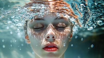 Wall Mural - A Close-Up of a Woman's Face Underwater with Bubbles and Light Rays