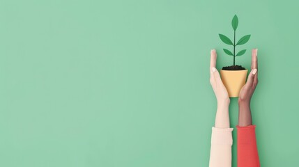 Poster - An artistic representation of business expansion, highlighting a group of diverse hands holding a sapling, symbolizing collaborative growth. The composition is designed with generous space for