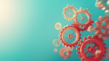 Poster - An abstract illustration of economic advancement and expansion, with a series of intertwined gears turning against a gradient background. The composition allows for substantial customization of text