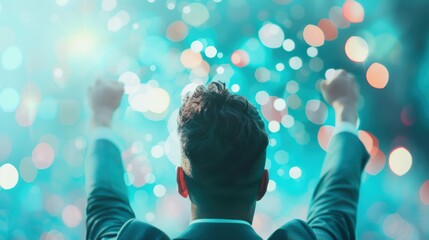 Poster - An inspiring stock image of a businessman celebrating as the business charts show a surge and swell in growth. The background offers generous copy space for customization.