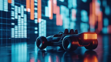 Futuristic Black Car with Red Tail Lights in a Neon-Lit Setting