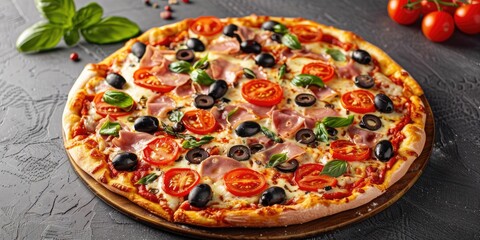 Wall Mural - Homemade Capricciosa Pizza Featuring Fresh Tomatoes, Olives, Cheese, and Ham