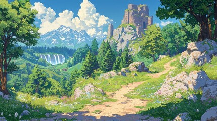 Sticker - Fantasy Landscape with Castle  Waterfall  and Mountains