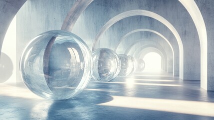 Poster - Abstract interior featuring concrete and glass spheres in a 3D illustration and rendering style