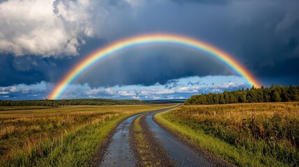 A vibrant rainbow arcs over a rural road, surrounded by lush fields and a dramatic sky, capturing nature's beauty and serenity.