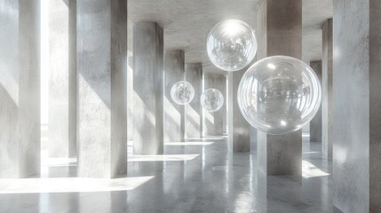 Poster - Abstract interior featuring concrete and glass spheres in a 3D illustration and rendering style