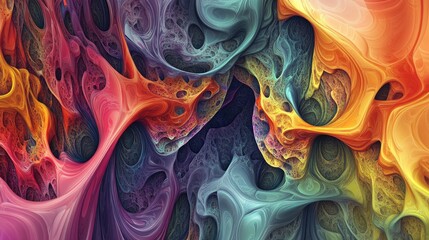 Poster - Colorful and chaotic abstract fractal pattern with intricate 3D shapes ideal for backgrounds or wallpaper