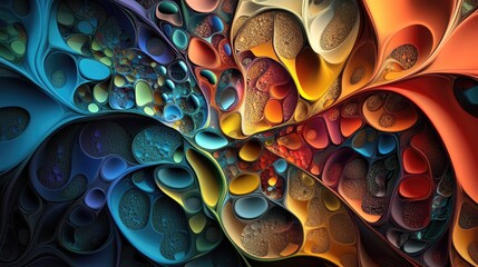 Poster - Colorful and chaotic abstract fractal pattern with intricate 3D shapes ideal for backgrounds or wallpaper