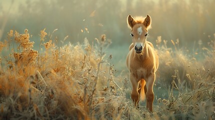 Cute horse foal on a soft green background