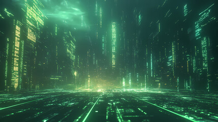 Wall Mural - Green digital code science fiction scene background