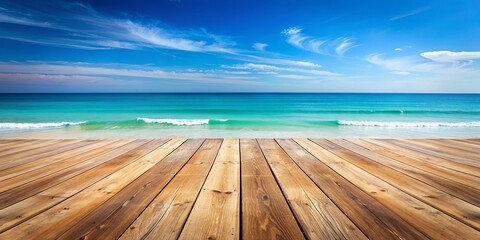 Sticker - Wooden floors with an ocean backdrop, perfect for a beach setting, wooden floors, ocean, backdrop, beach, nature