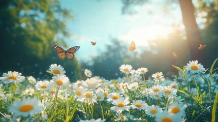 Sticker - Butterflies Flying over a Field of Daisies in Sunlight