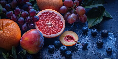 Canvas Print - Variety of Fruits: Grapefruit, Apples, Plums, Grapes, Blueberries