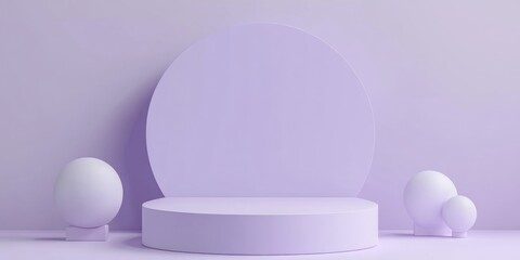 Poster - Geometric shapes on a white podium with a purple backdrop in a simple 3D render illustration