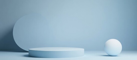 Poster - Minimalist blue podium for product display with geometric sphere shapes in the background Empty template featuring cylinder shape Blank stage for mockup presentation 3D rendered illustration