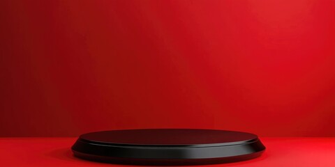 Poster - Black podium on round stage for award ceremony 3D rendered pedestal set against a red background