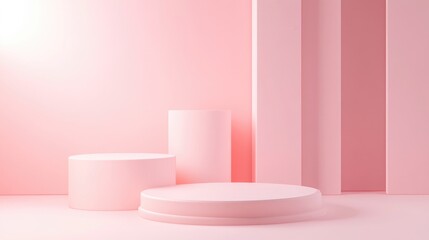 Poster - Premium podium and stand with a pastel light pink background 3D rendering layout featuring a geometric cube composition