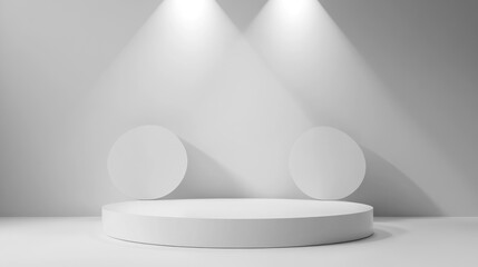 Poster - White podium stage backdrop with spotlight on a white background and vignette effect for product display or other design applications featuring 3D rendering and a luxury minimal style concept
