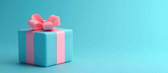 Poster - Minimal winter themed product backdrop for holiday and sales events Colorful gift box adorned with a ribbon bow placed against a blue background 3D rendered illustration with clipping path for each