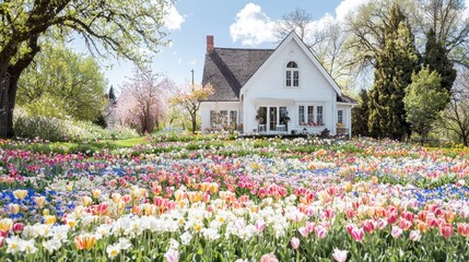 Sticker - Springtime Cottage with Vibrant Tulip Garden