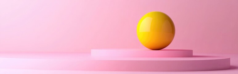 Poster - Geometric cosmetic display stand with a yellow sphere on a pink background 3D rendering design