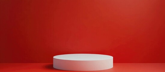 Poster - Empty white podium against a red backdrop Mockup display for product showcase 3D rendering Minimalist design Advertising template
