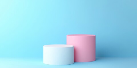 Poster - Pink and white cylindrical pedestal on a blue background 3D rendering