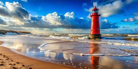 Poster - High tide washing up on a sandy beach near a vibrant red lighthouse, creating a picturesque scene , high tide, beach, sand