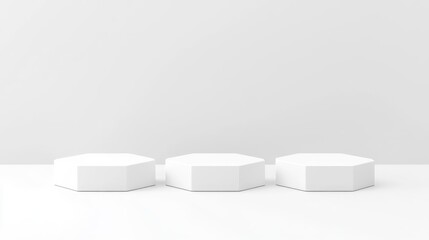 Poster - Three blank white hexagon pedestals with a white background 3D illustration for product presentation mock up