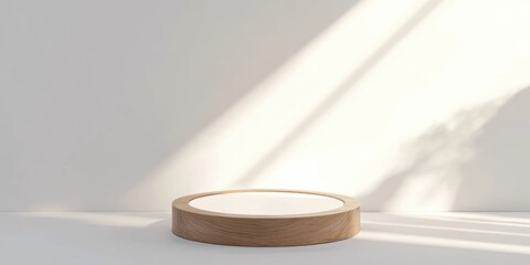 Poster - Wooden pedestal with a light frame on a white background blank pedestal minimal concept template 3D rendering mockup