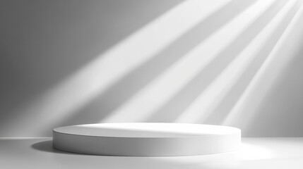 Poster - White podium stage backdrop with spotlight on a white background and vignette effect for product display or other design applications featuring 3D rendering and a luxury minimal style concept