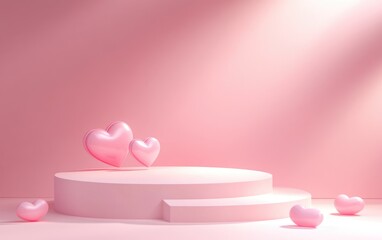 Poster - Premium podium stand on a soft pastel background Decorative greeting card design for Valentine s Day featuring 3D elements and ample copy space Studio setting with pink hearts representing love