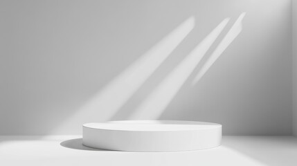 Poster - White podium stage backdrop with spotlight on a white background and vignette effect for product display or other design applications featuring 3D rendering and a luxury minimal style concept